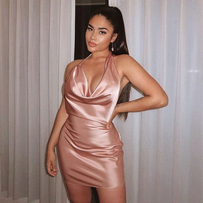 Satin V Neck Mini Party Dress