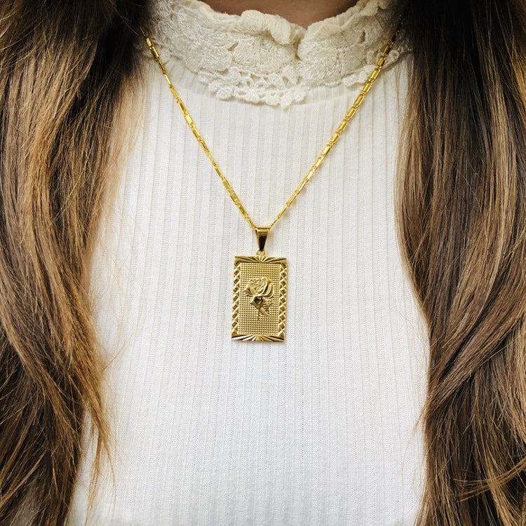 Vintage Square Rose Pendant Necklace for Women