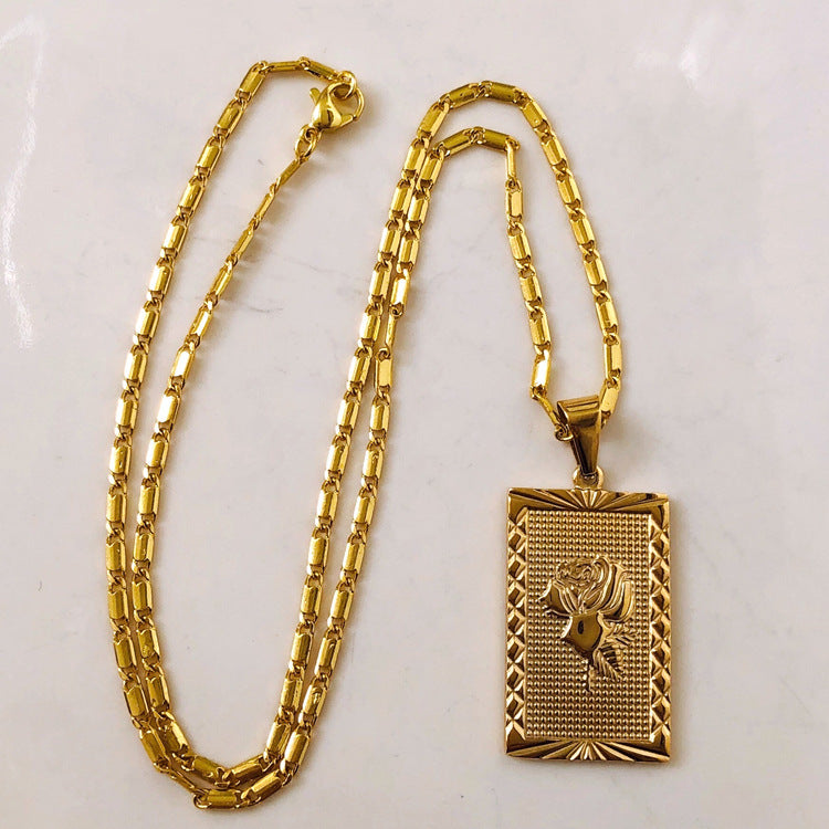 Vintage Square Rose Pendant Necklace for Women