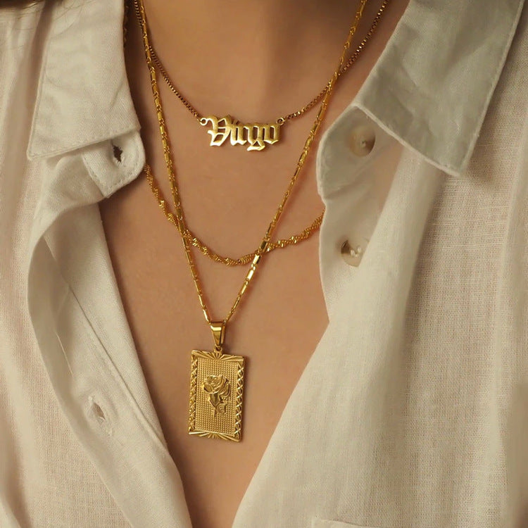 Vintage Square Rose Pendant Necklace for Women