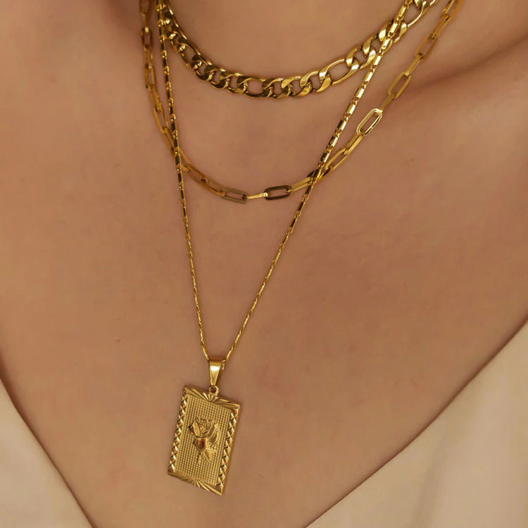 Vintage Square Rose Pendant Necklace for Women